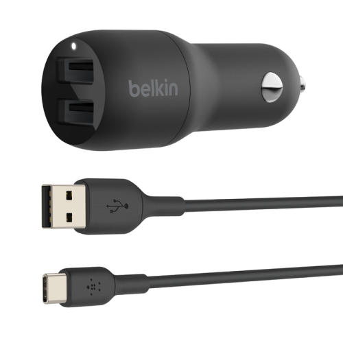 Belkin Dual USB-A Car Charger w/ 1M PVC A-C, 24W, BLK