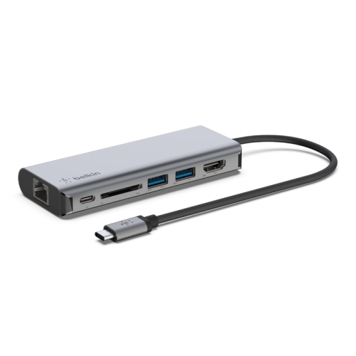 Belkin USB C Multiport Adapter 6in1. 2 x USB A 3.0 (5Gpbs), 1 x HDMI 4k, GbE, 1 x USB C 100w PD, SD Card slot, Mac and Windows compatible