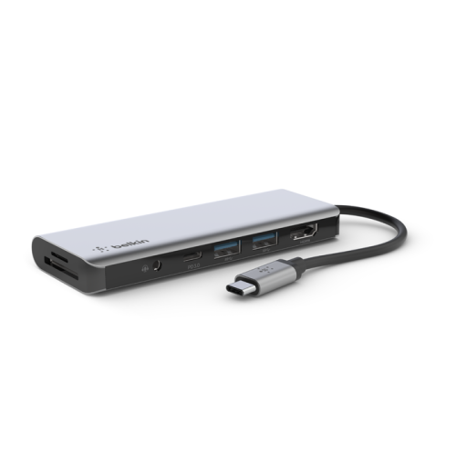 Belkin USB C Multiport Adapter 7in1. 2 x USB A 3.1 Gen 1 (5Gpbs), 1 x HDMI 4k, 1 x USB C 100w PD, SD and Micro SD card slots, 3.5mm Audio, Mac and Windows compatible